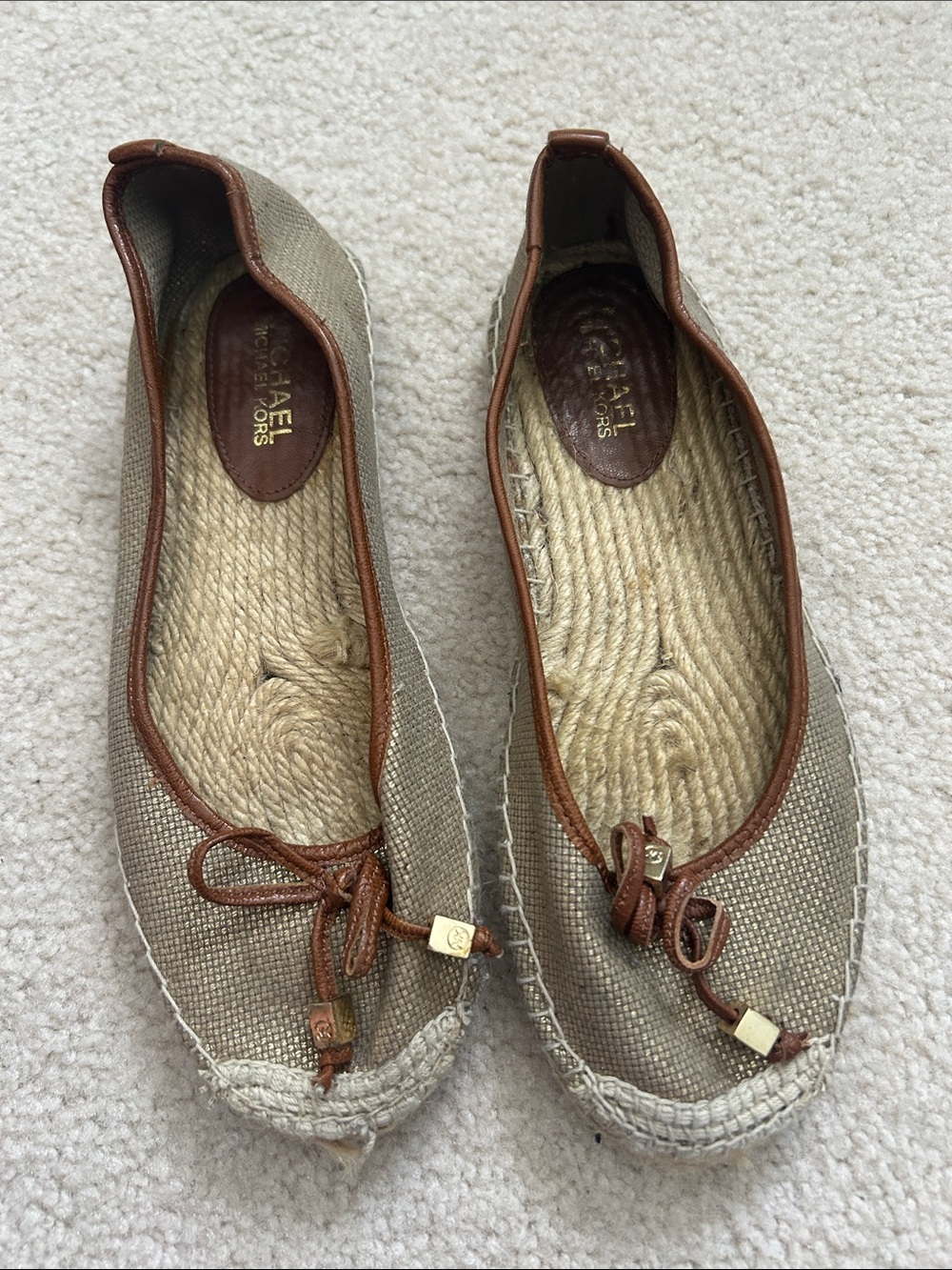 Michael Kors Taupe Canvas Espadrille Ballet Flats with Brown Trim